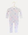 Heirloom Quilt bamboo zip sleeper on a hanger, soft pink and blue patchwork print