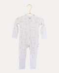 Little Lamb bamboo zip sleeper on a hanger, tiny lambs on a warm neutral base