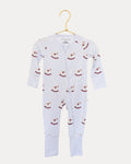 Rocking Horse bamboo zip sleeper on a hanger, rocking horses on soft blue stripes