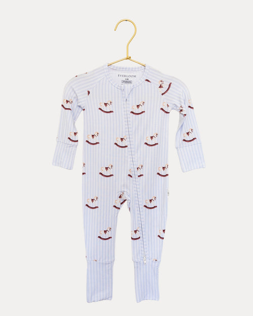 Rocking Horse bamboo zip sleeper on a hanger, rocking horses on soft blue stripes
