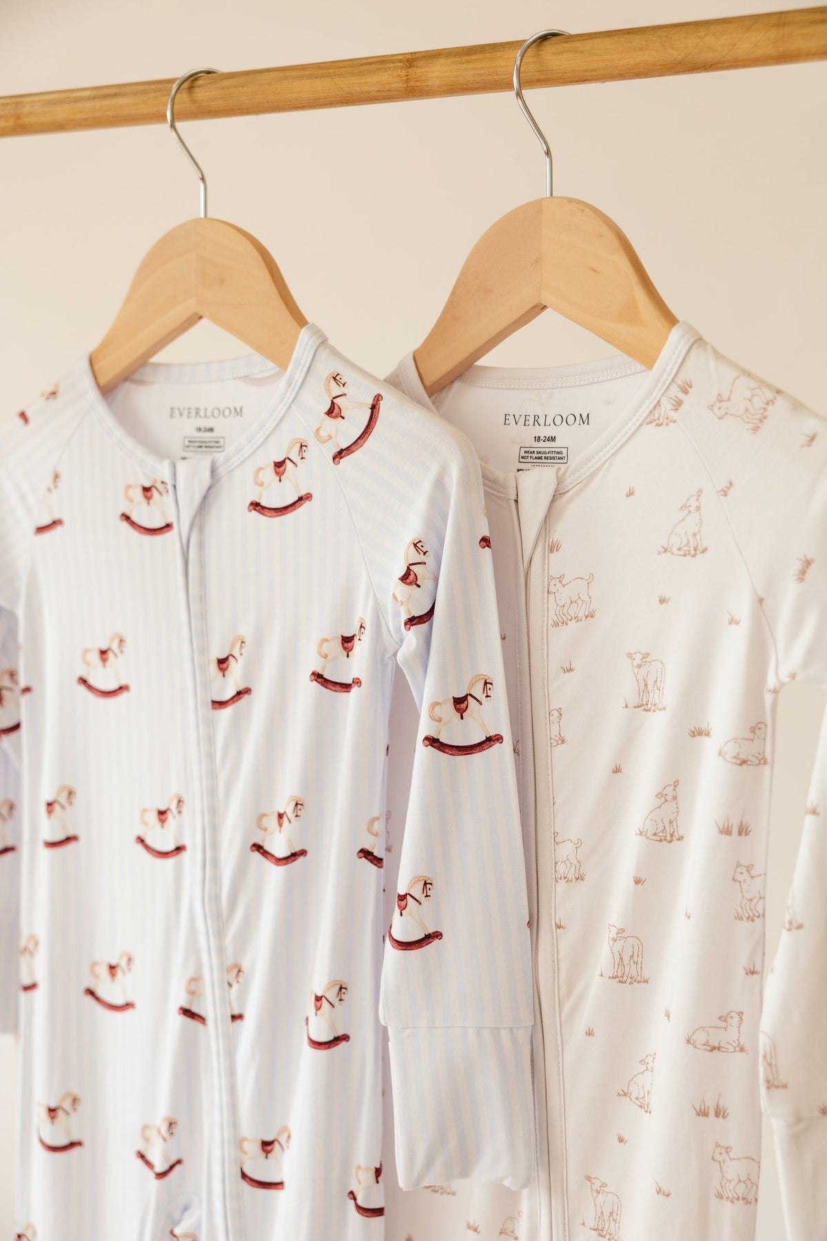 Everloom sleepers hanging on wooden hangers